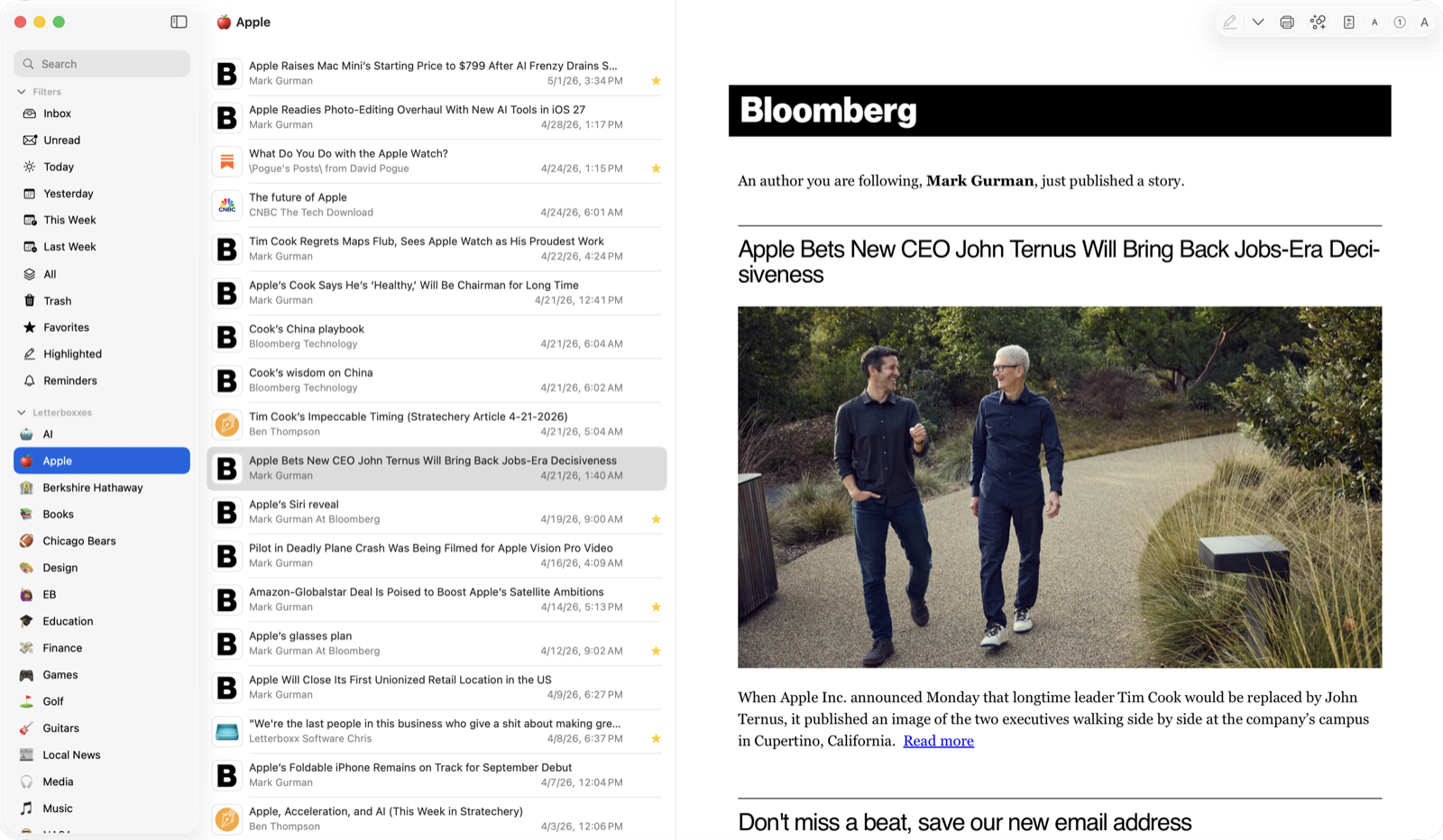 Letterboxx focused newsletter reader interface